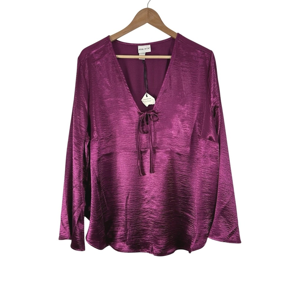 Ava & Viv Top Womens 1X Fuschia Purple Shiny Holiday Tie Front Flare Sleeve New